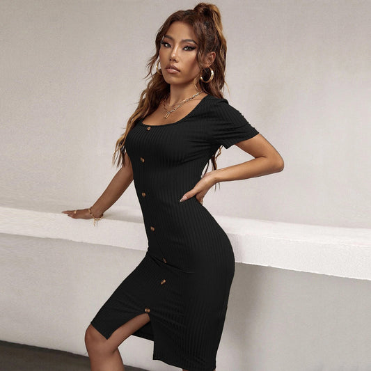 New Sexy Slit Square Neck Button Waist-cinching Hip-hugging Short Sleeve Dress