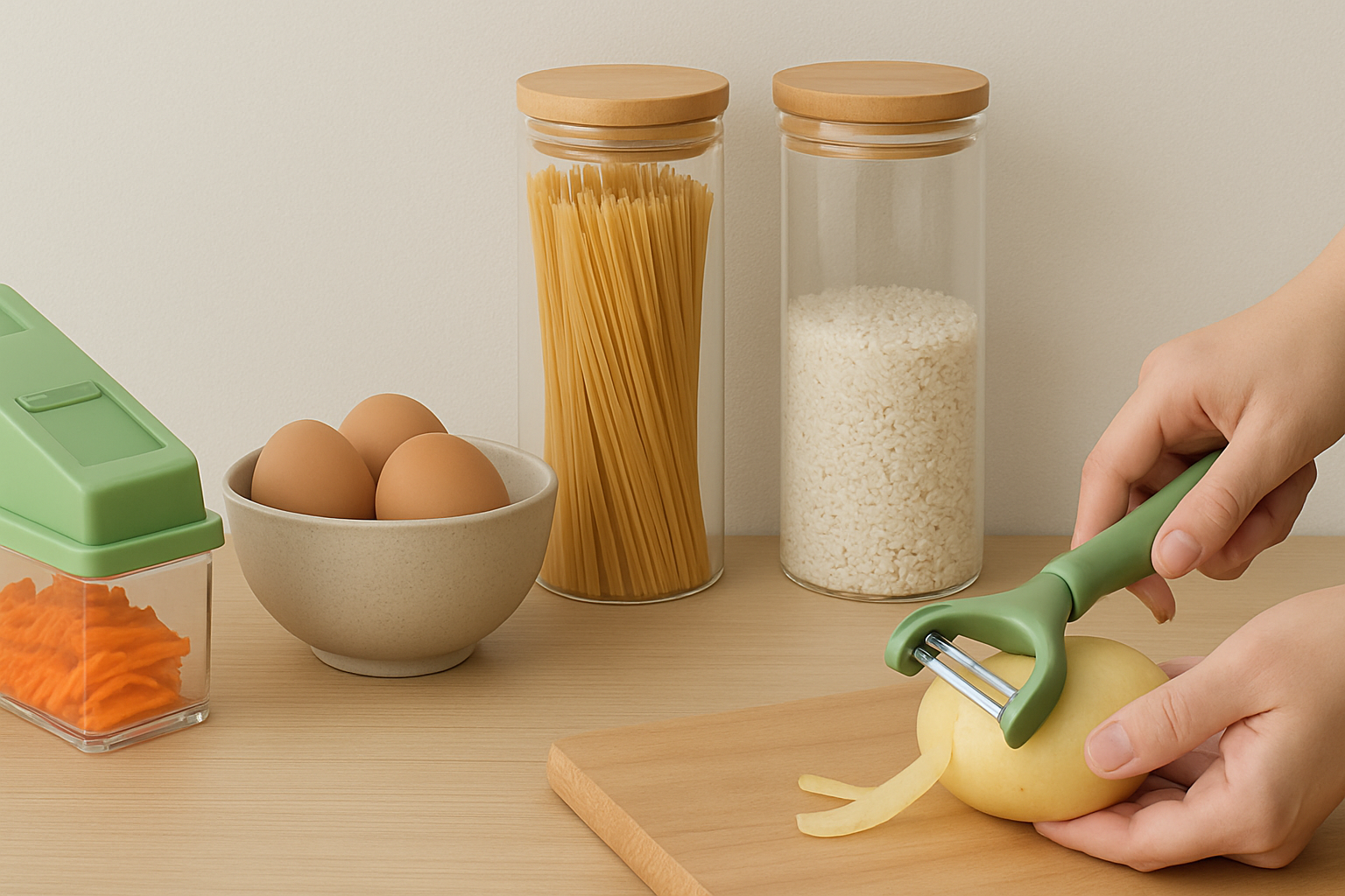 Hands peeling a potato on a wooden cutting board, with jars of pasta, rice, a bowl of eggs, and sliced carrots on a kitchen counter in the background.