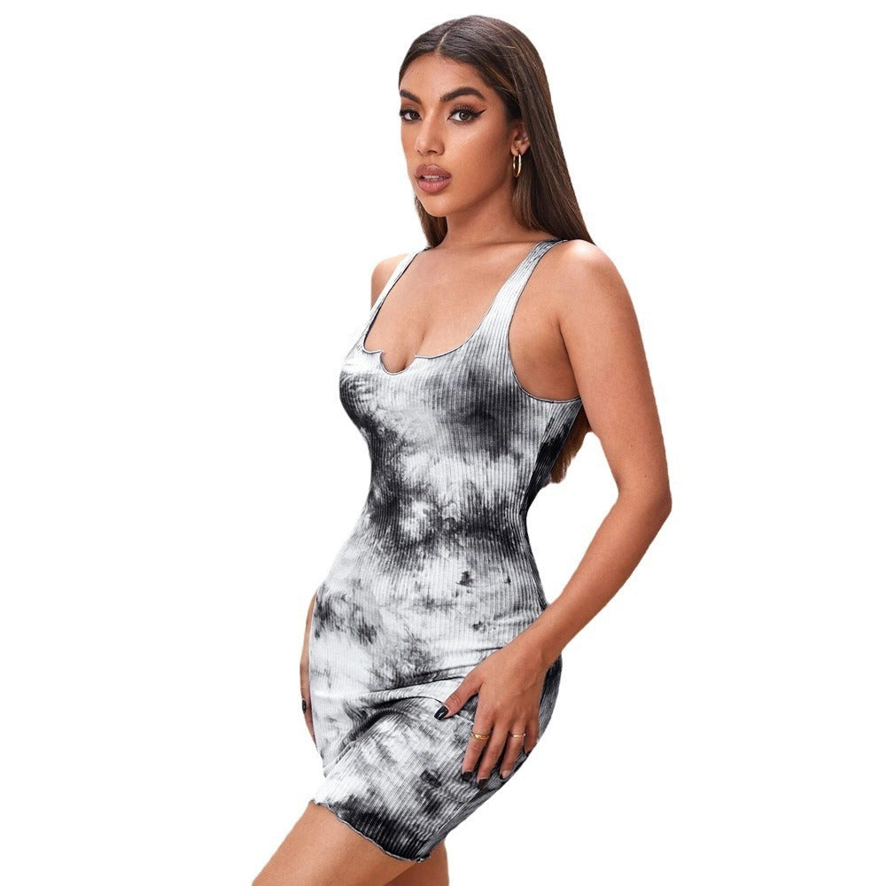 Sexy Slim-fit Tie-dye Print Bodycon Halter Dress