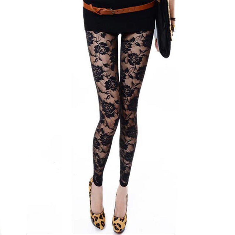 Autumn Sweet Lace Rose Hollow Leggings