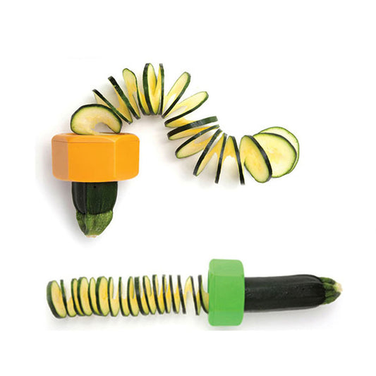 Cucumber being cut in fine Spiral shape by a high quality yellow and green vegetable Spiral slicer