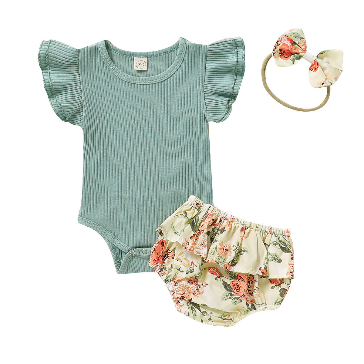 Summer Infant Romper Floral Short Shorts Three-piece Headdress