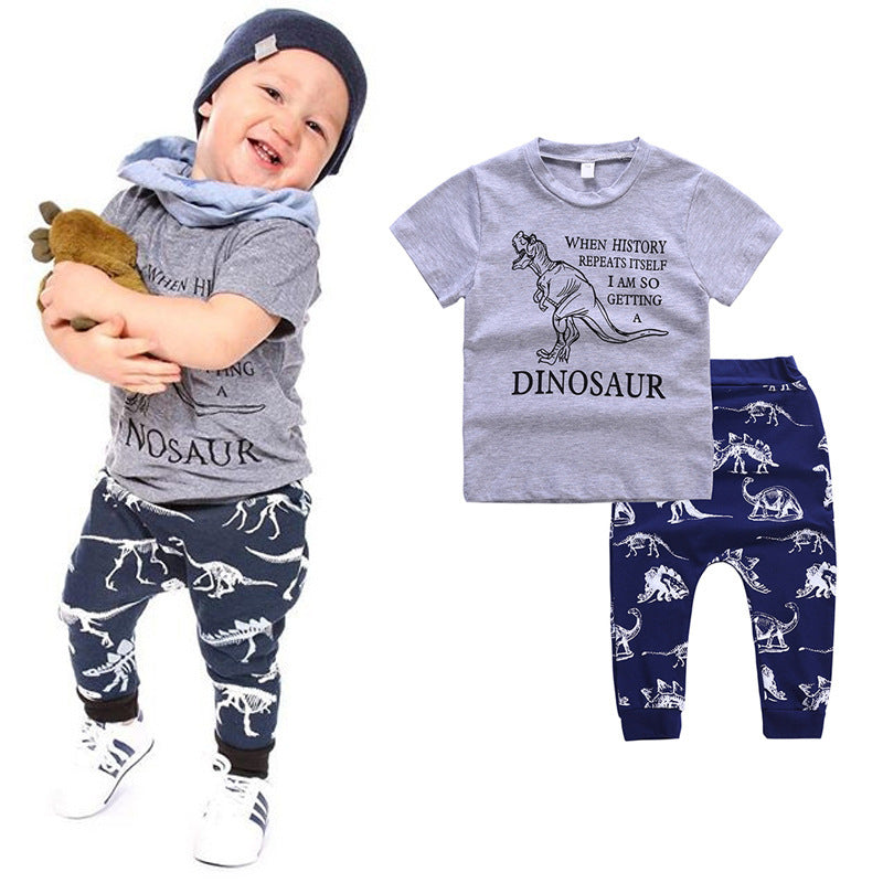 Boy's Suit Children's Clothing Spring And Summer Cartoon Dinosaur Short Sleeve