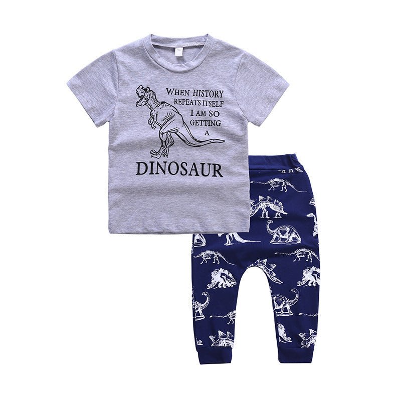 Boy's Suit Children's Clothing Spring And Summer Cartoon Dinosaur Short Sleeve