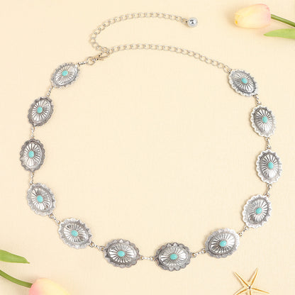 Turquoise Inlaid Waist Chain Ancient Carving Vintage Gold Accessories