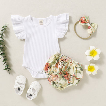 Summer Infant Romper Floral Short Shorts Three-piece Headdress