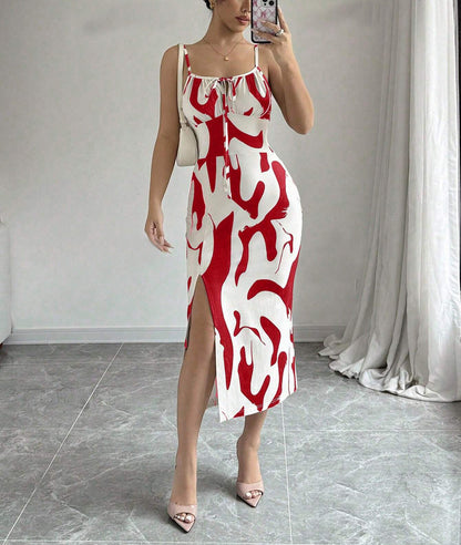 Summer Printed Suspender Split Dress Fashion Slim Lace-up Long Dresses For Women Clothing