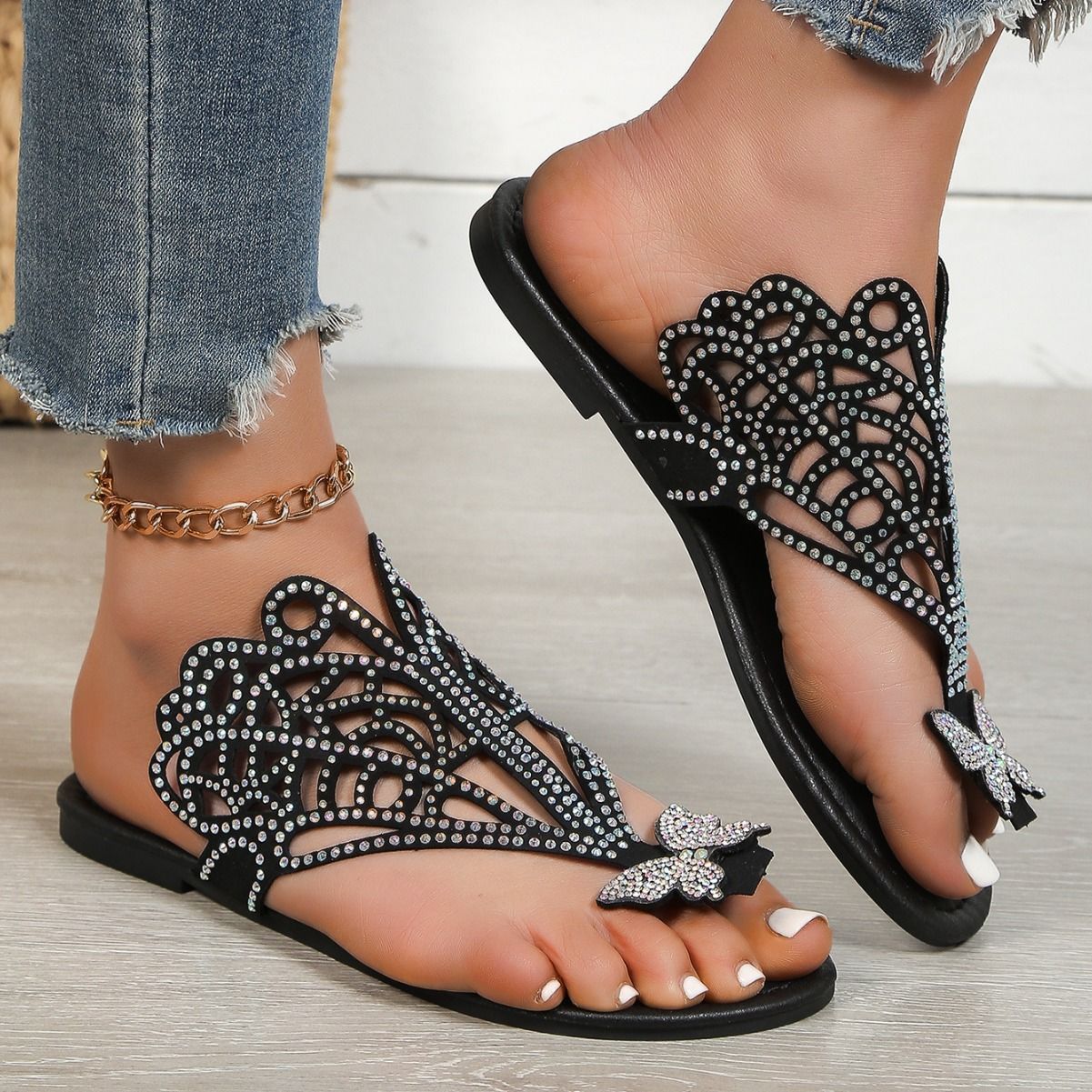 Women’s Slip-On Flat Toe  Rhinestone Sandals
