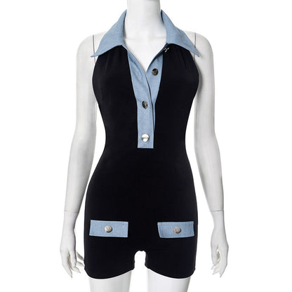 Polo Collar Denim Contrast Colors Slimming Women's Clothing One-piece Shorts