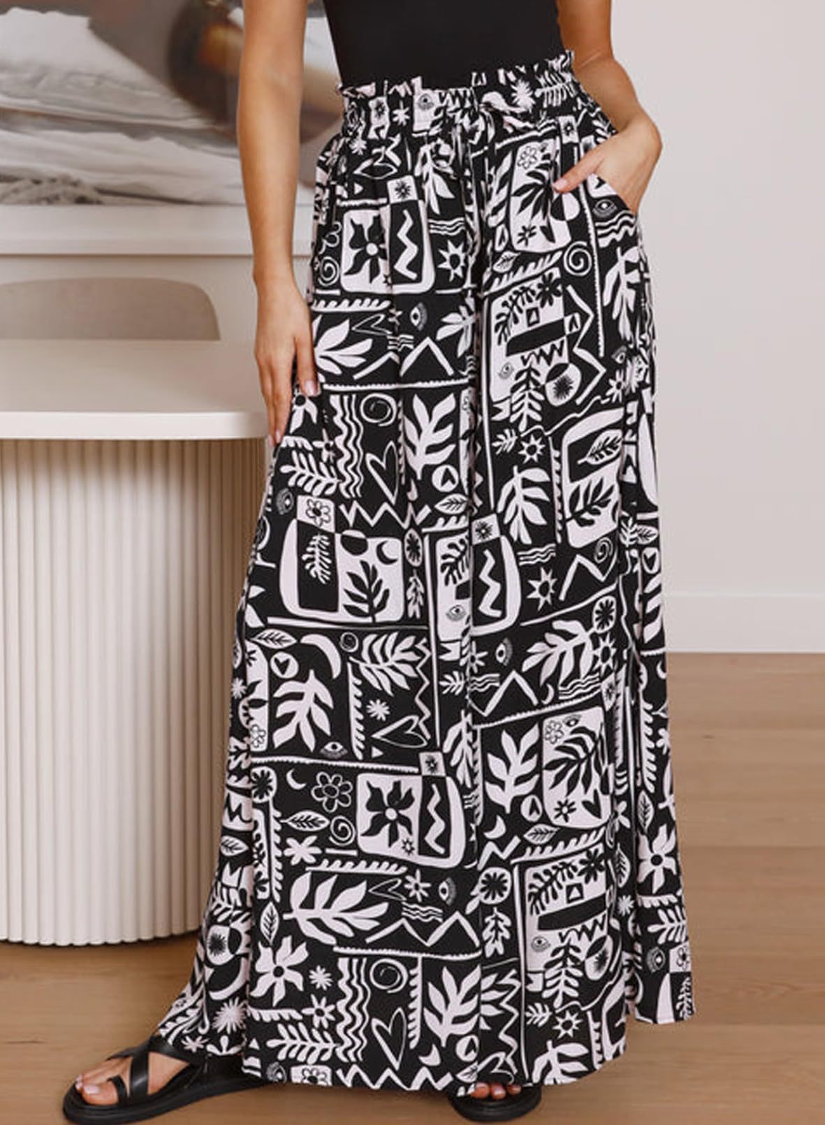 Flowers Printed Wide-leg Trousers Summer Casual Straight Pnats For Women Beach Clothing