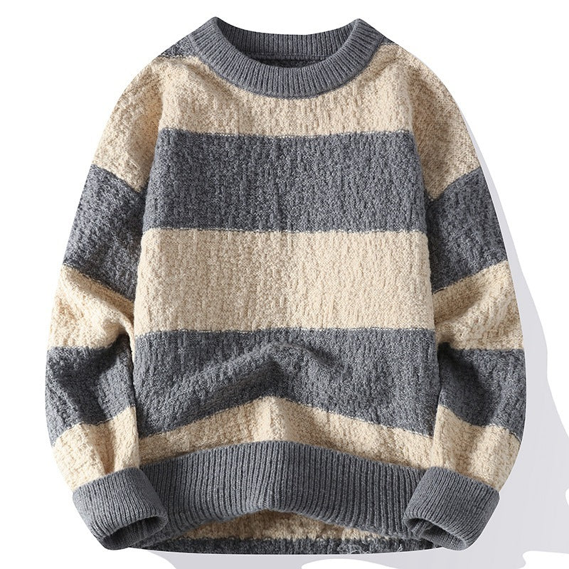Winter Contrast Color Striped Round Neck Sweater Men