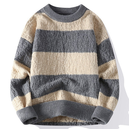 Winter Contrast Color Striped Round Neck Sweater Men