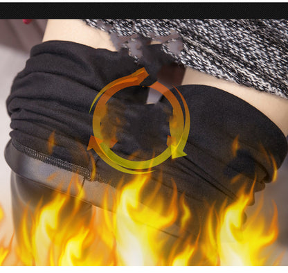 Leggings stepping on women's leather pants