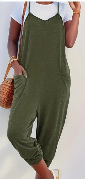 Solid Patched Pockets Overall Jumpsuit - Versatile V-neck Design For Spring & Summer - Women's Clothing - For Fashionable Women - Perfect For Casual & Outdoor Occasions - Great Gift For Birthday & Hol