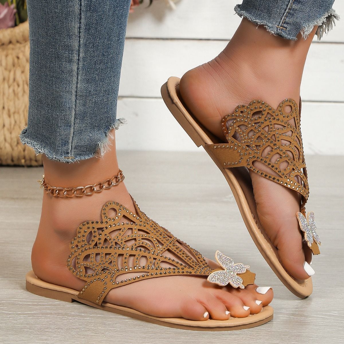Women’s Slip-On Flat Toe  Rhinestone Sandals