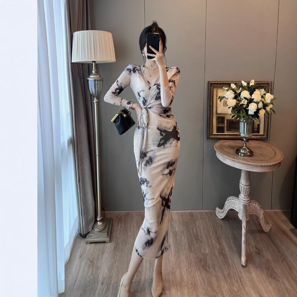 Women's Casual V-neck Bow Mesh Pencil Skirt