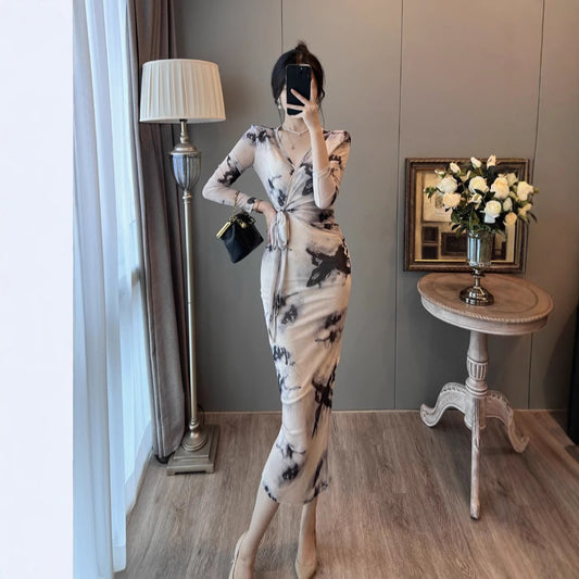 Women's Casual V-neck Bow Mesh Pencil Skirt