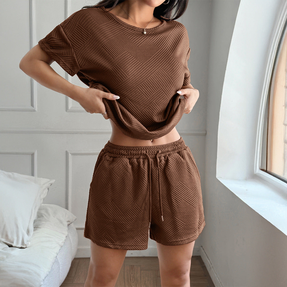 Y2g Sports Style Solid Color Short Sleeve Lace-up Shorts Suit Women's Clothing