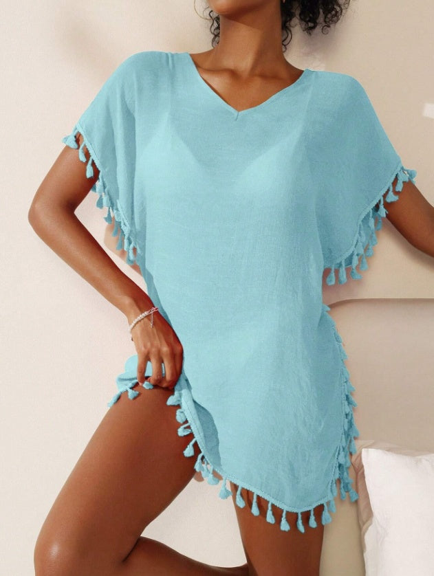 Summer Women's Solid Color Tassel Short Sleeve Top