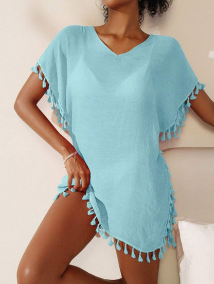 Summer Women's Solid Color Tassel Short Sleeve Top