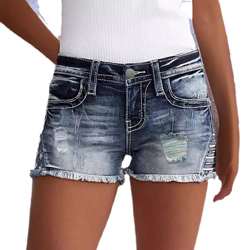 European And American Women's Clothing Stretch Slim Fit All-match Ripped Denim Shorts