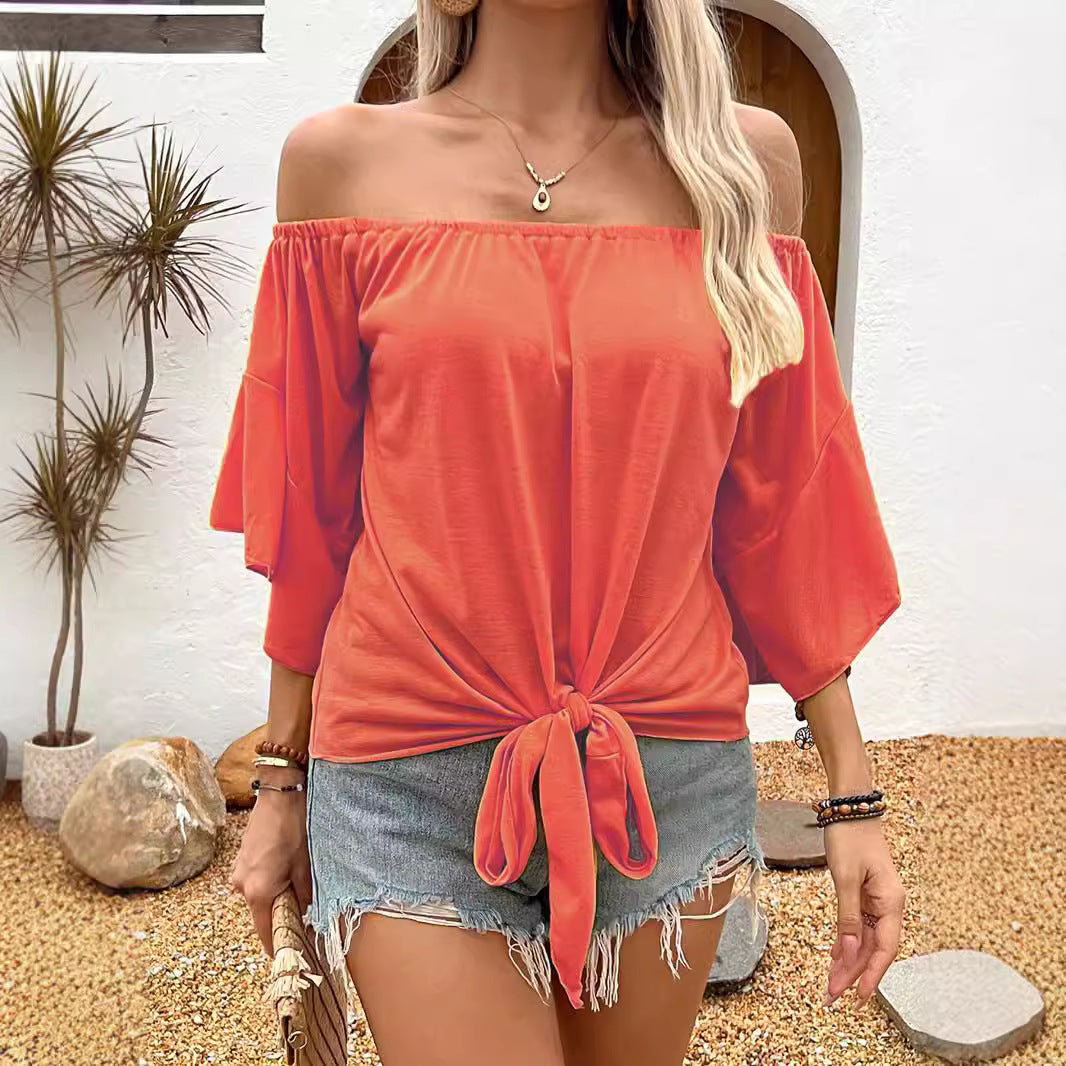 Summer Fall Women's Clothing Solid Color Off-shoulder Casual T-shirt Top