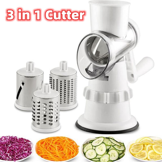  3 in 1 vegetable cutter, onions, carrot, cucumber, and cheese into shredded pieces, with each ingredient shown in a small glass bowl below its respective slicer.