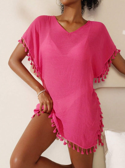 Summer Women's Solid Color Tassel Short Sleeve Top