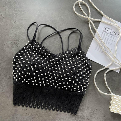 Vest Net Red Hot Heavy Industry Beaded Hollow Lace Short Top