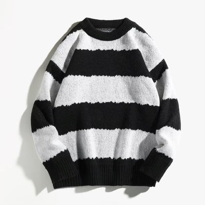 Winter Contrast Color Striped Round Neck Sweater Men