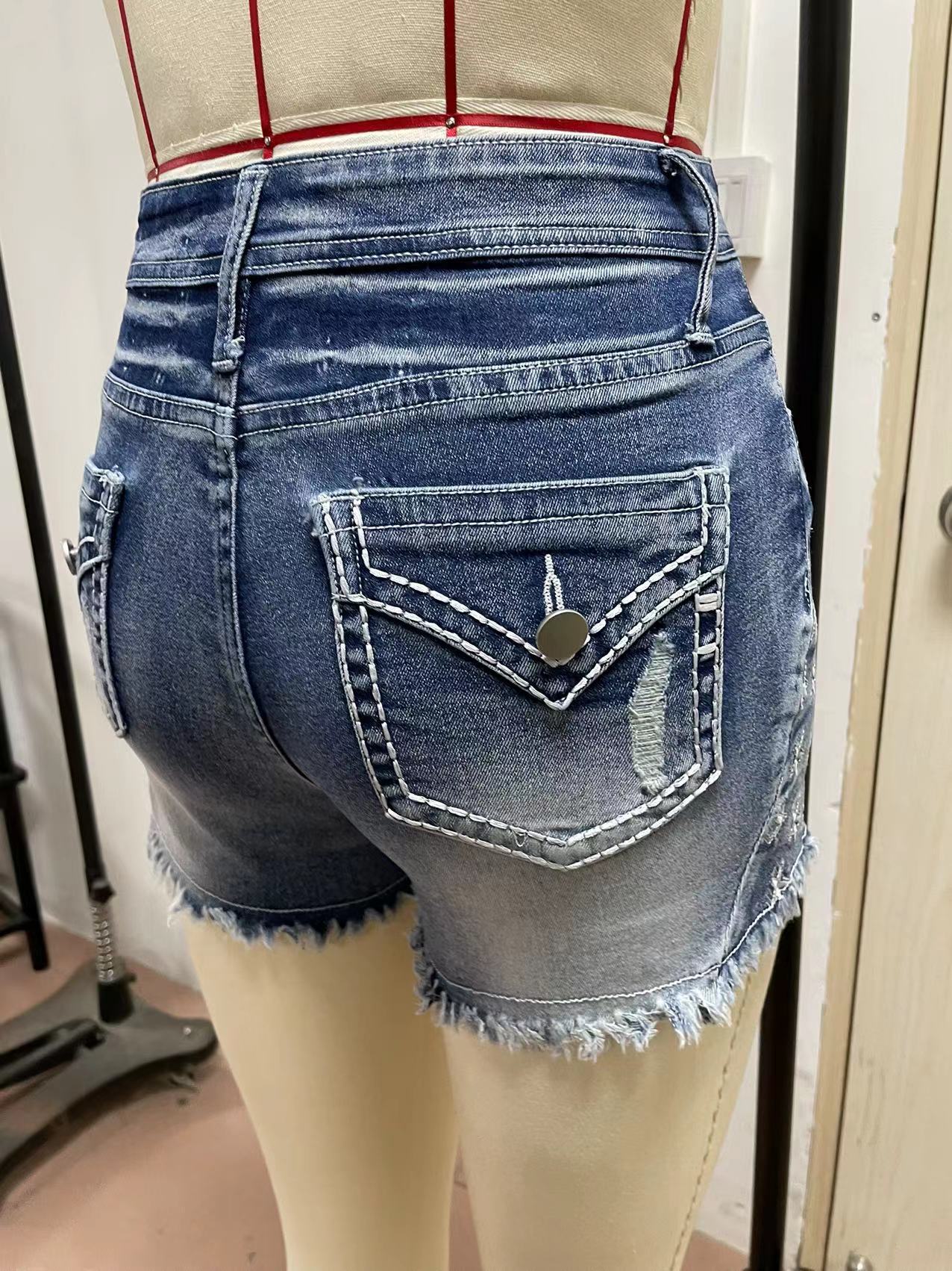 European And American Women's Clothing Stretch Slim Fit All-match Ripped Denim Shorts