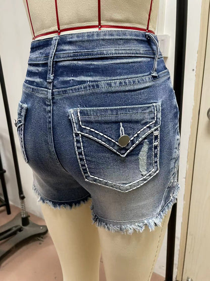 European And American Women's Clothing Stretch Slim Fit All-match Ripped Denim Shorts