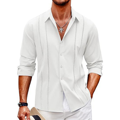 Casual  Long Sleeve Shirt With Pocket Lace Polo Collar Solid Color Button Mens Clothing