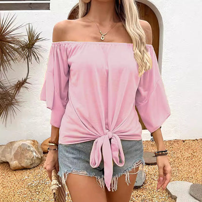 Summer Fall Women's Clothing Solid Color Off-shoulder Casual T-shirt Top