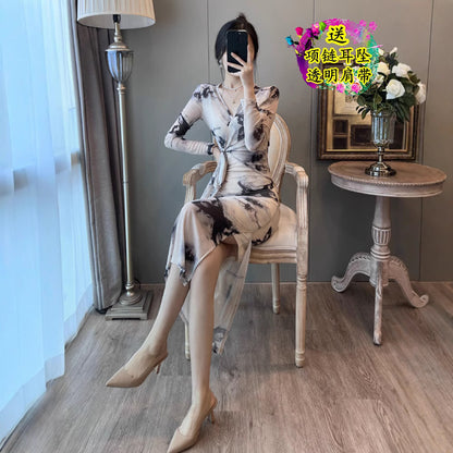 Women's Casual V-neck Bow Mesh Pencil Skirt