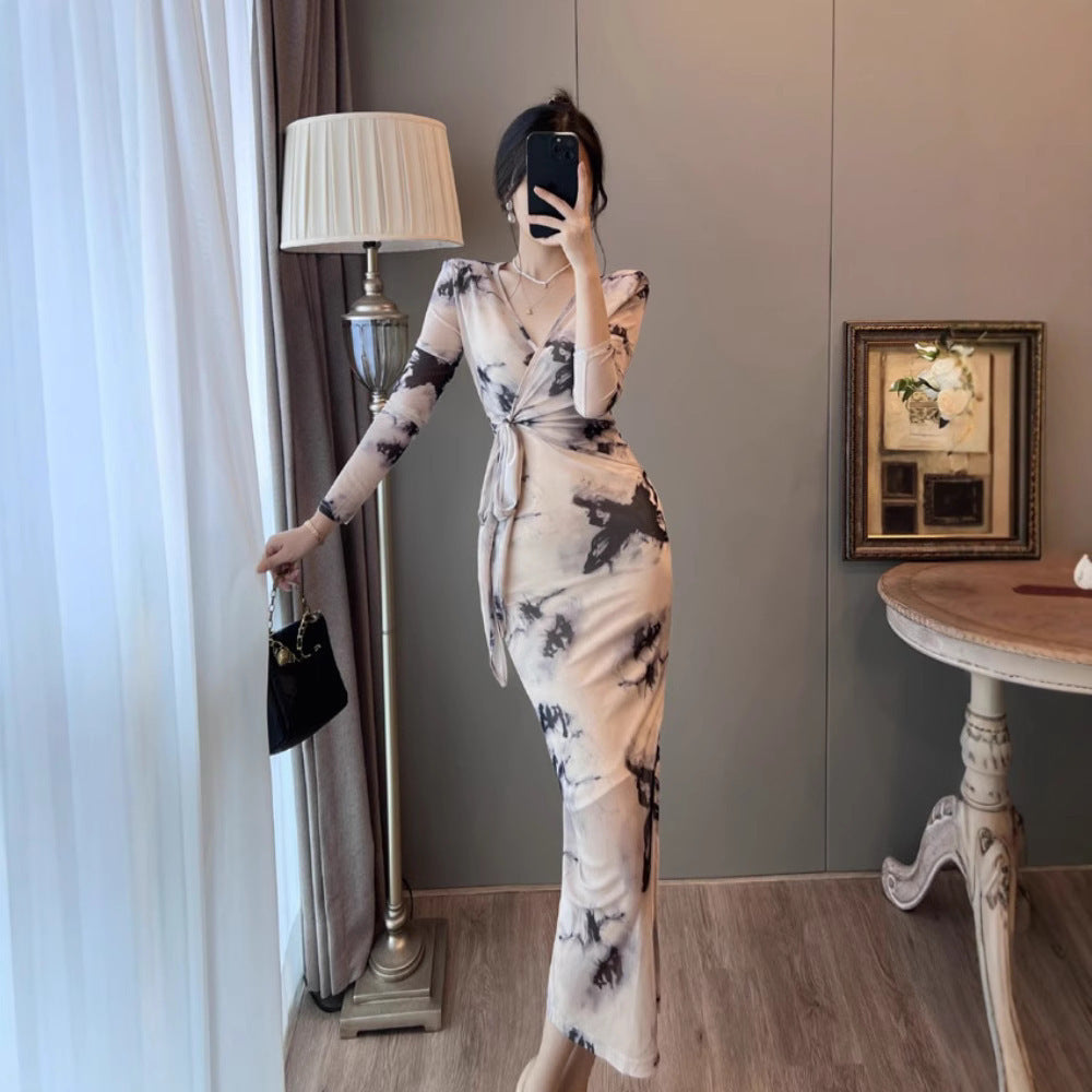 Women's Casual V-neck Bow Mesh Pencil Skirt