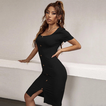 New Sexy Slit Square Neck Button Waist-cinching Hip-hugging Short Sleeve Dress