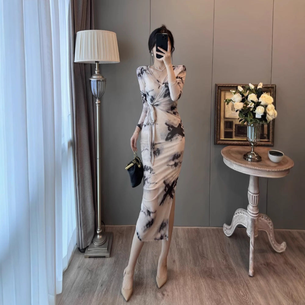 Women's Casual V-neck Bow Mesh Pencil Skirt