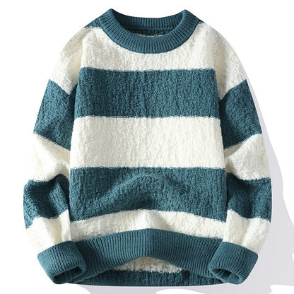 Winter Contrast Color Striped Round Neck Sweater Men