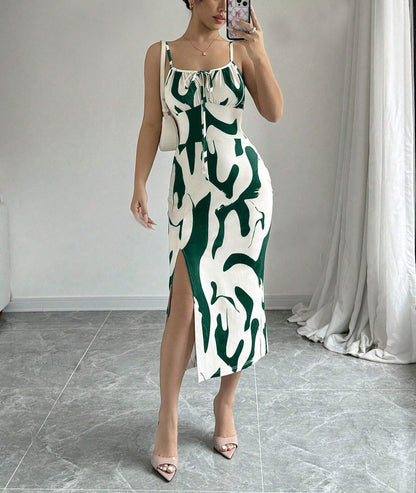 Summer Printed Suspender Split Dress Fashion Slim Lace-up Long Dresses For Women Clothing