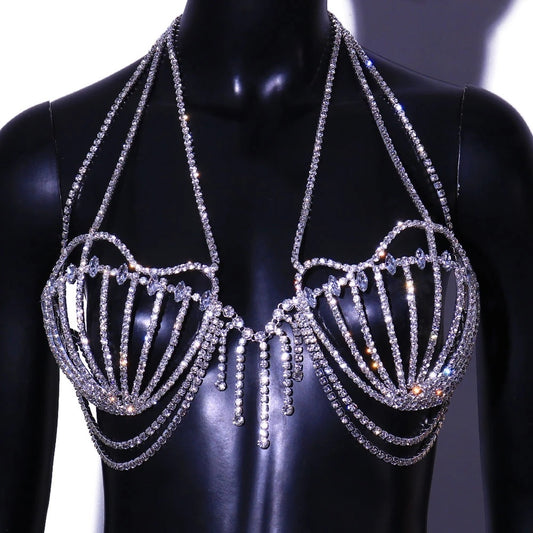Women's Fashion Accessories Shell Rhinestone Bra Fringe Body Chain
