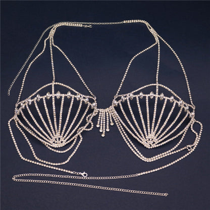 Women's Fashion Accessories Shell Rhinestone Bra Fringe Body Chain