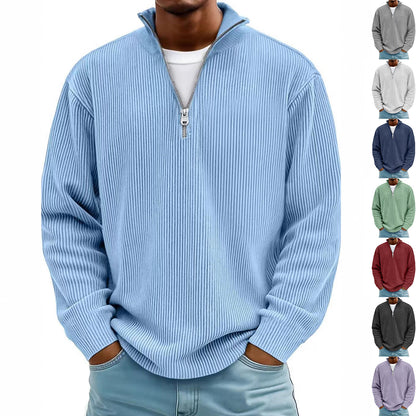 Corduroy Zipper Stand Collar Sweatshirt Fashion Warm Solid Color Long Sleeve Top Men's Casual Polo Shirt Clothing