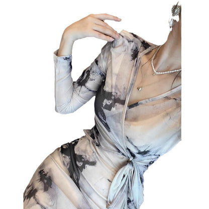 Women's Casual V-neck Bow Mesh Pencil Skirt