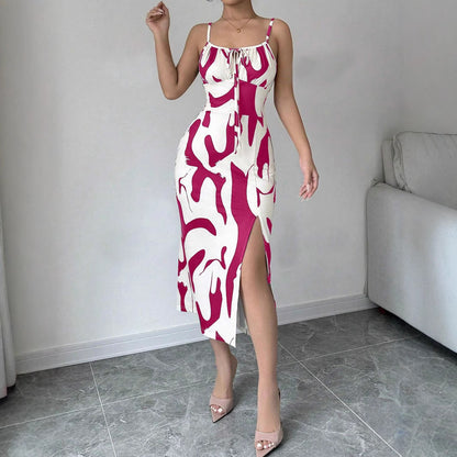 Summer Printed Suspender Split Dress Fashion Slim Lace-up Long Dresses For Women Clothing