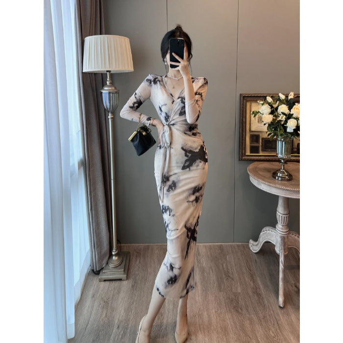 Women's Casual V-neck Bow Mesh Pencil Skirt