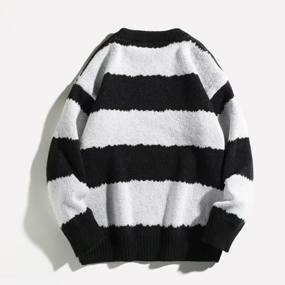 Winter Contrast Color Striped Round Neck Sweater Men