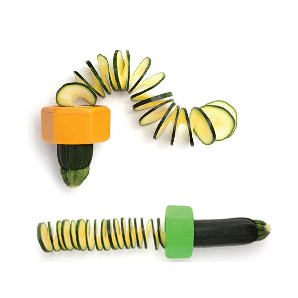 Cucumber being cut in fine Spiral shape by a high quality yellow and green vegetable Spiral slicer