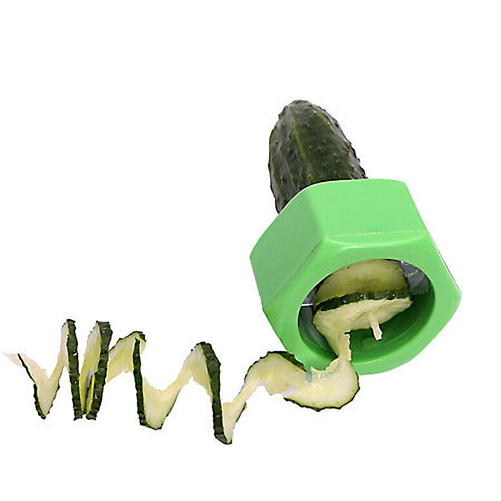 Cucumber being cut in Spiral shape by a high quality green vegetable Spiral slicer