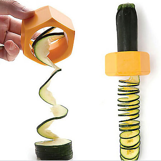 Panoramic view of Cucumber being cut in fine Spiral shape by a high quality yellow and green vegetable Spiral slicer